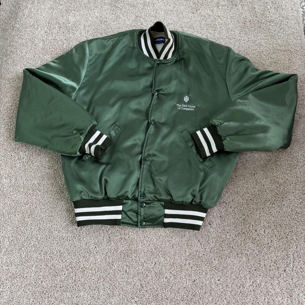 Vintage Holloway Jacket The Dick Company Mens Large Green Satin Varsity Snap USA